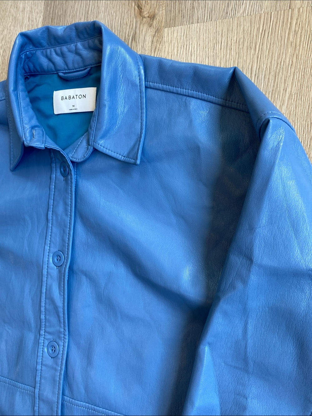 Aritzia Babaton Blue Vegan Leather Button Up Shirt Jacket Medium - Picture 3 of 14